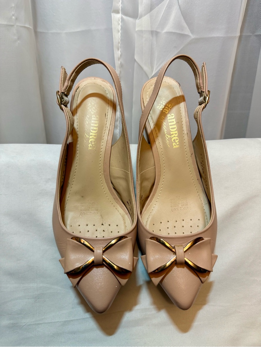 ANDREA FENZI Blush Nude Slingback Pointed-Toe Pumps with Bow Accent